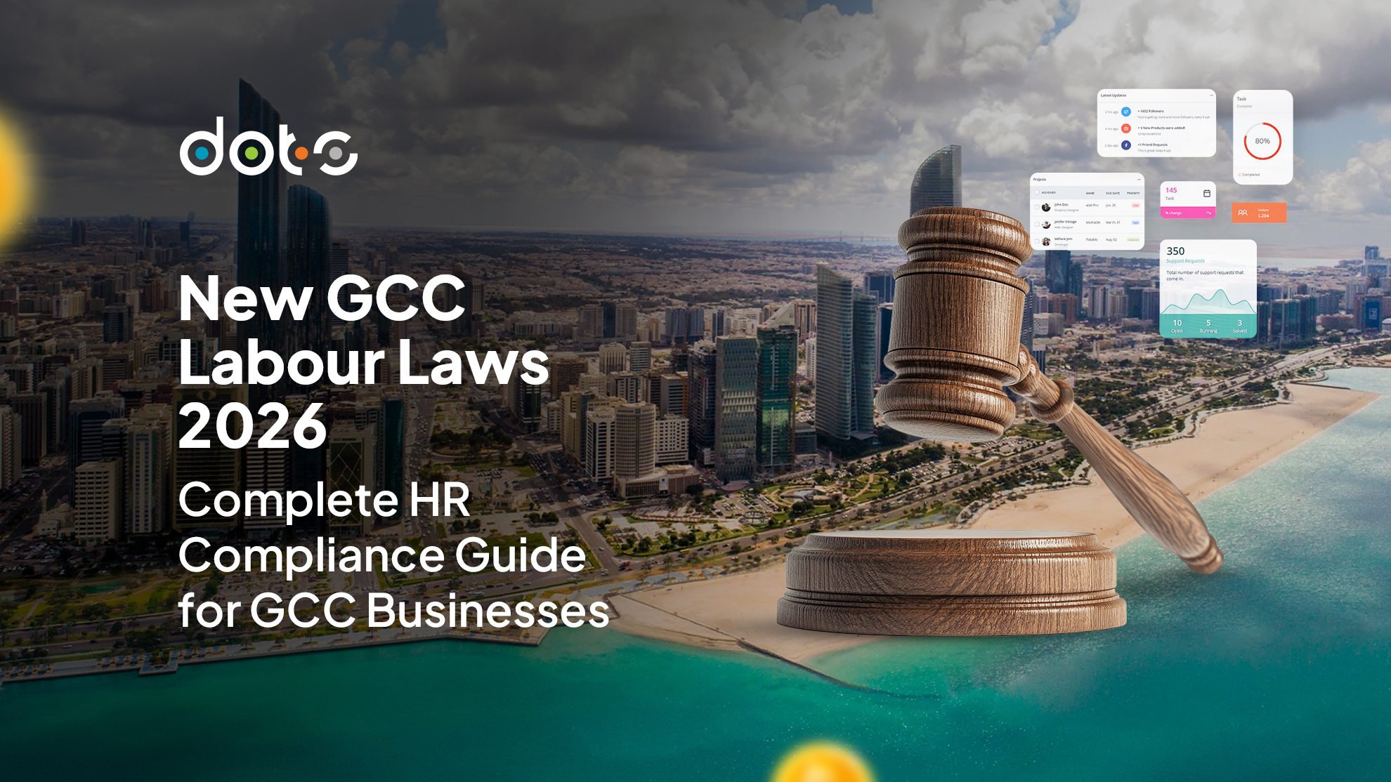 It features a wooden gavel hovering over a panoramic view of a modern GCC city skyline and a cluster of digital HR software interface widgets, with the "dots HR" logo and text prominently displayed.