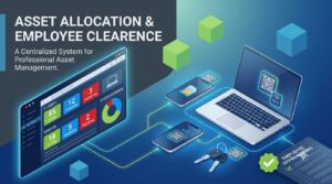 Asset allocation and employee clearance software dashboard tracking laptops, smartphones, and company vehicles.