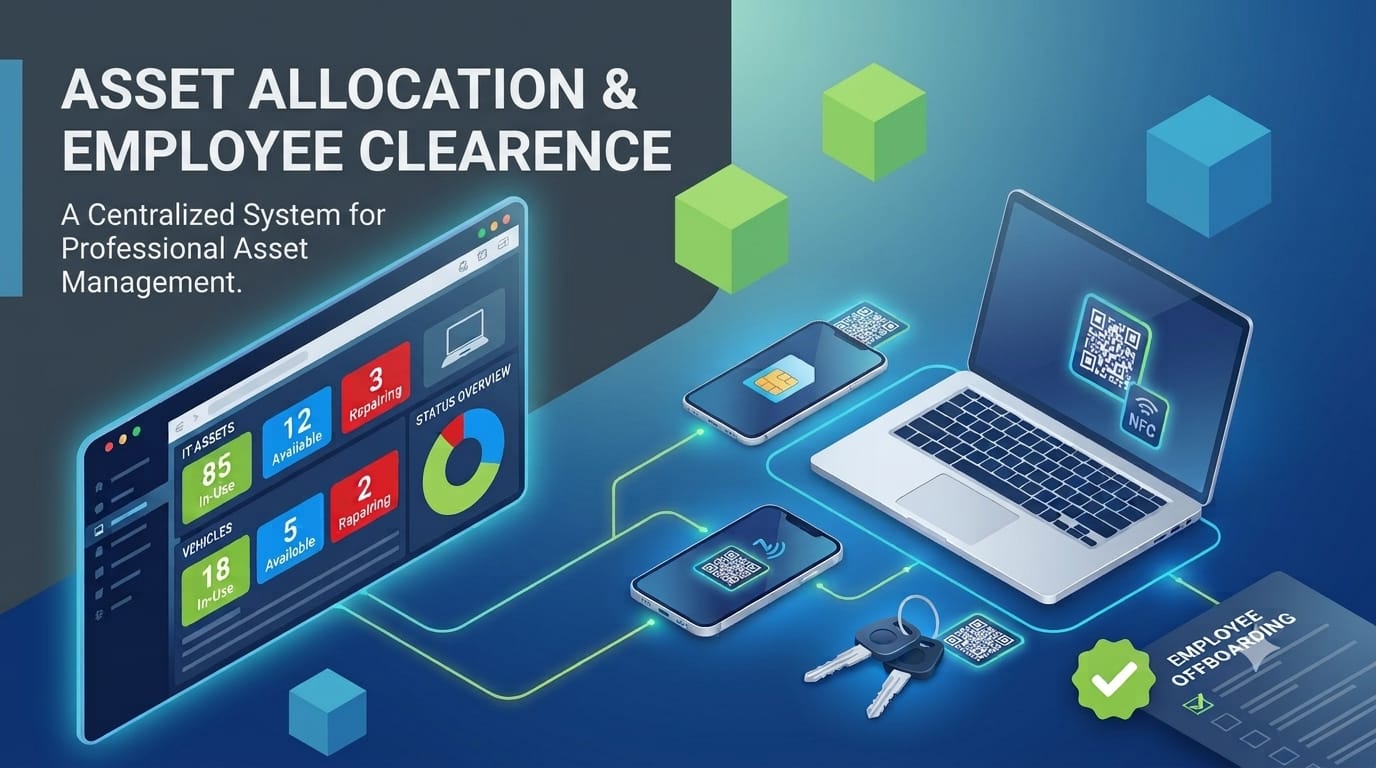 Asset allocation and employee clearance software dashboard tracking laptops, smartphones, and company vehicles.